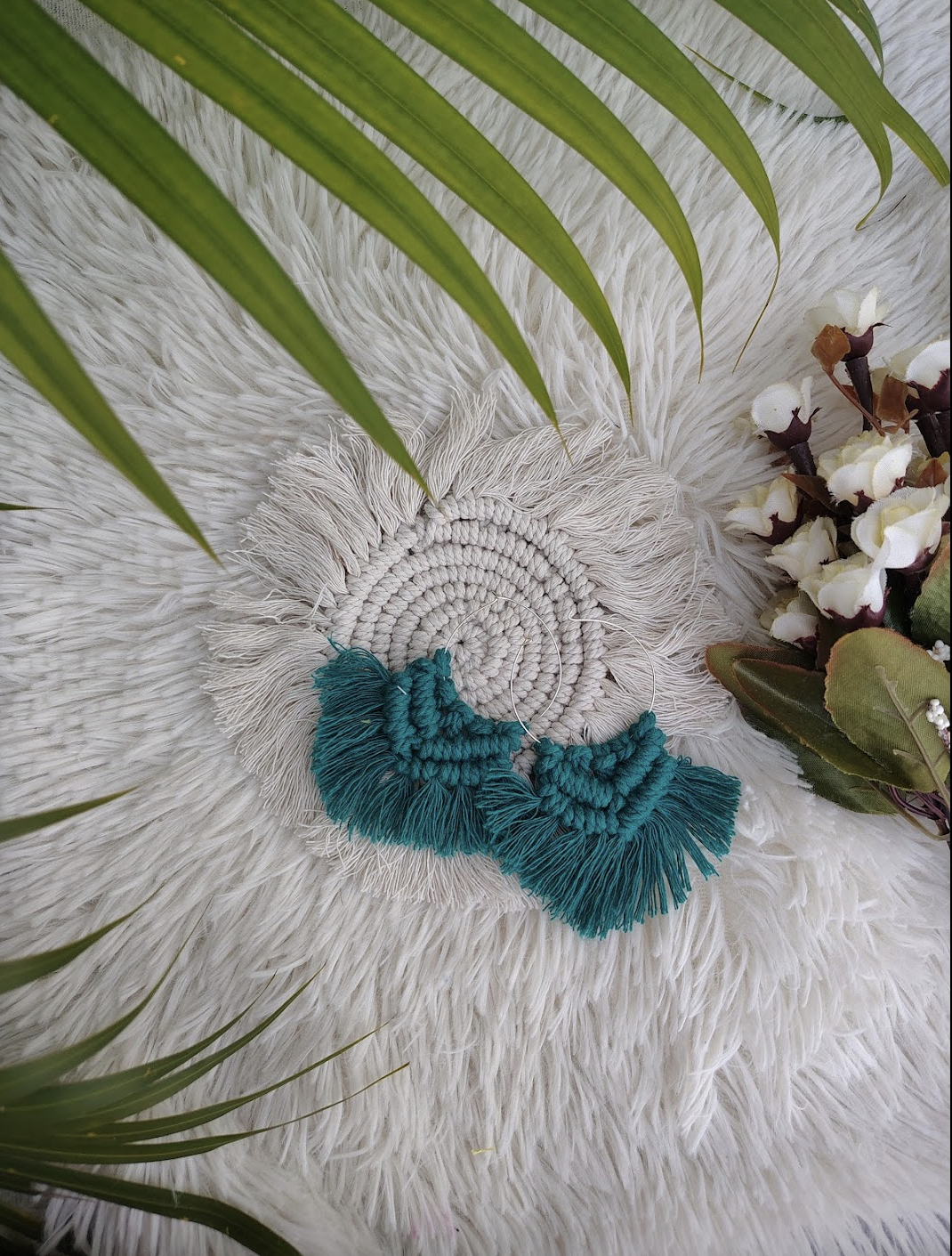 Handmade Macrame Boho Earrings Teal Blue - Image 2